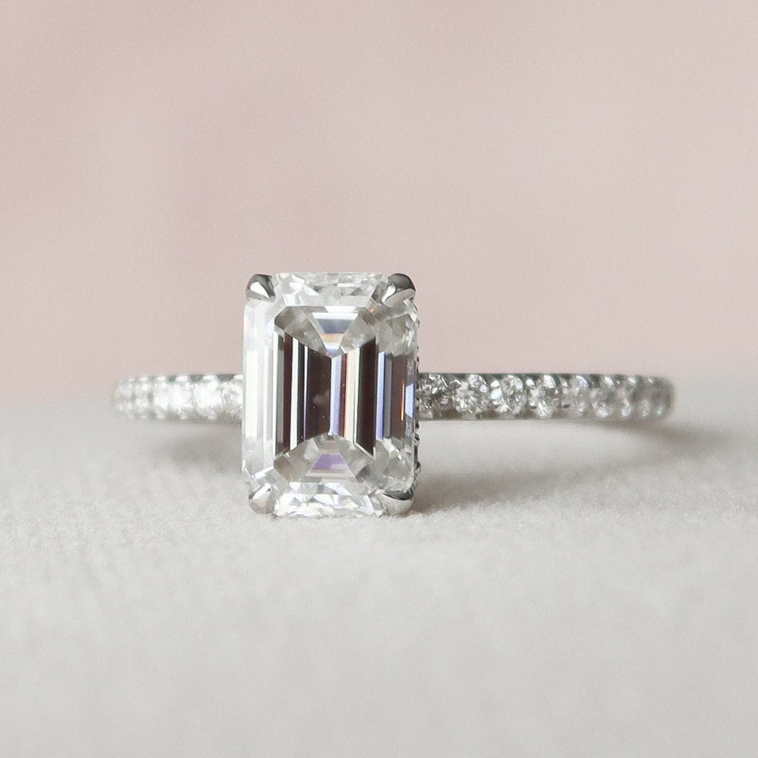 1.50CT Emerald Cut Hidden Halo Moissanite Engagement Ring