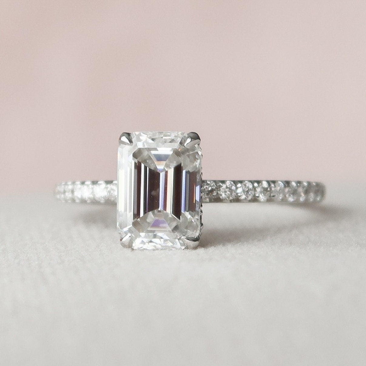 1.50CT Emerald Cut Hidden Halo Moissanite Engagement Ring