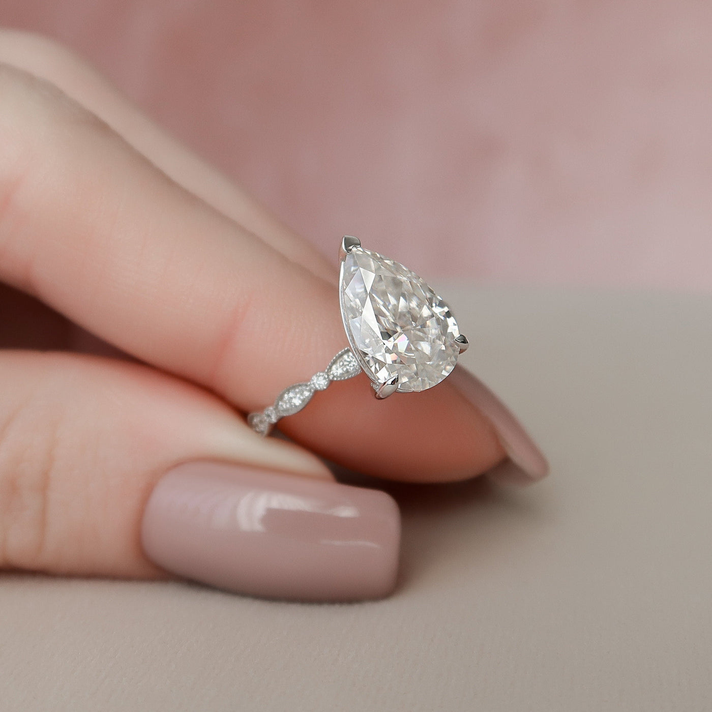 3.0CT Pear Cut Art Deco Moissanite Diamond Engagement Ring