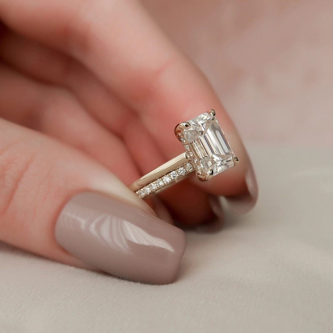 3.0CT Emerald Cut Moissanite  Halo Bridal Engagement Ring Set