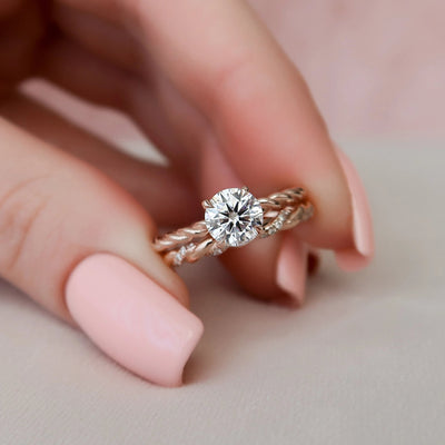 1.0CT Round Cut Moissanite Braided Halo Bridal Engagement Ring Set