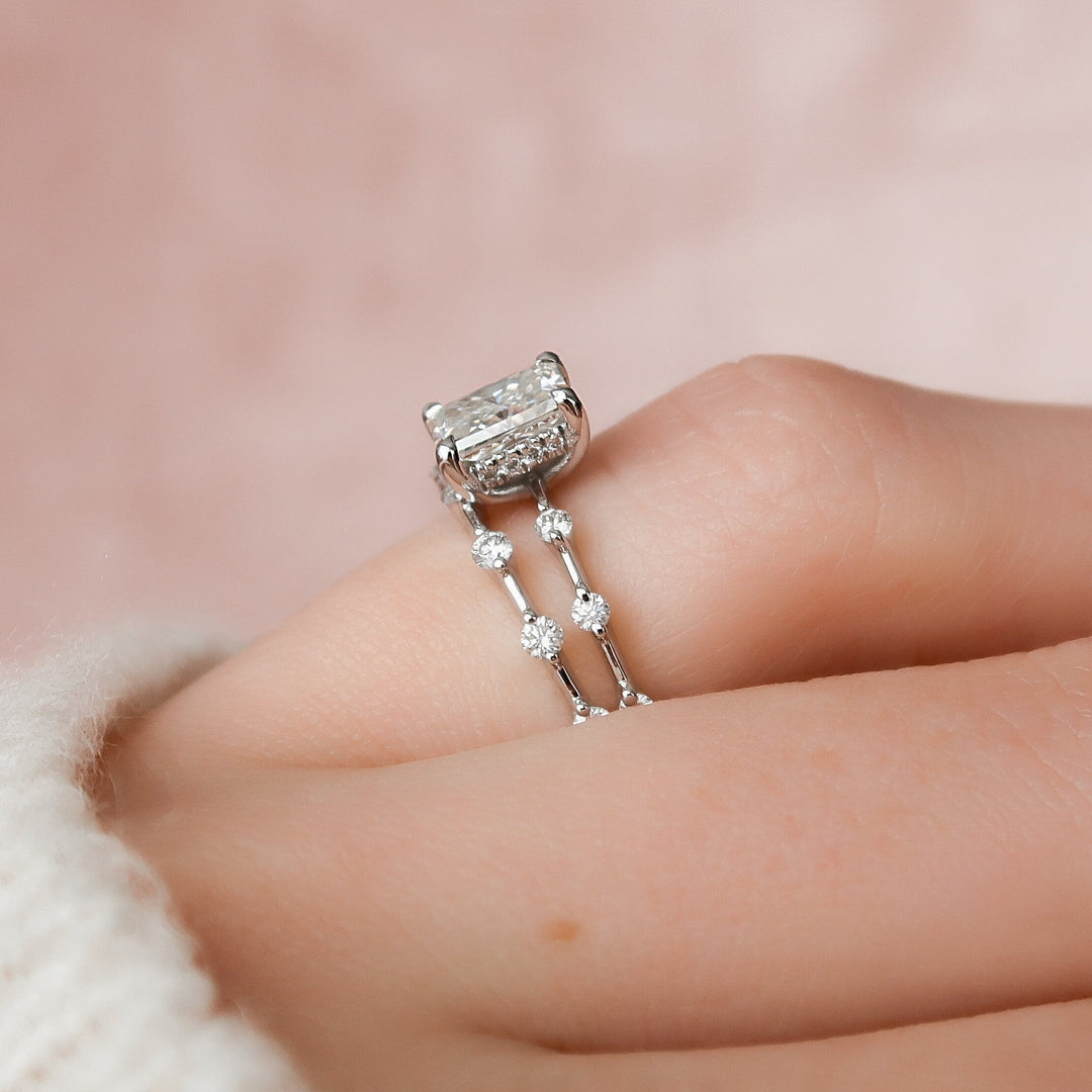 1.0CT Radiant Cut Moissanite Halo Bridal Engagement Ring Set