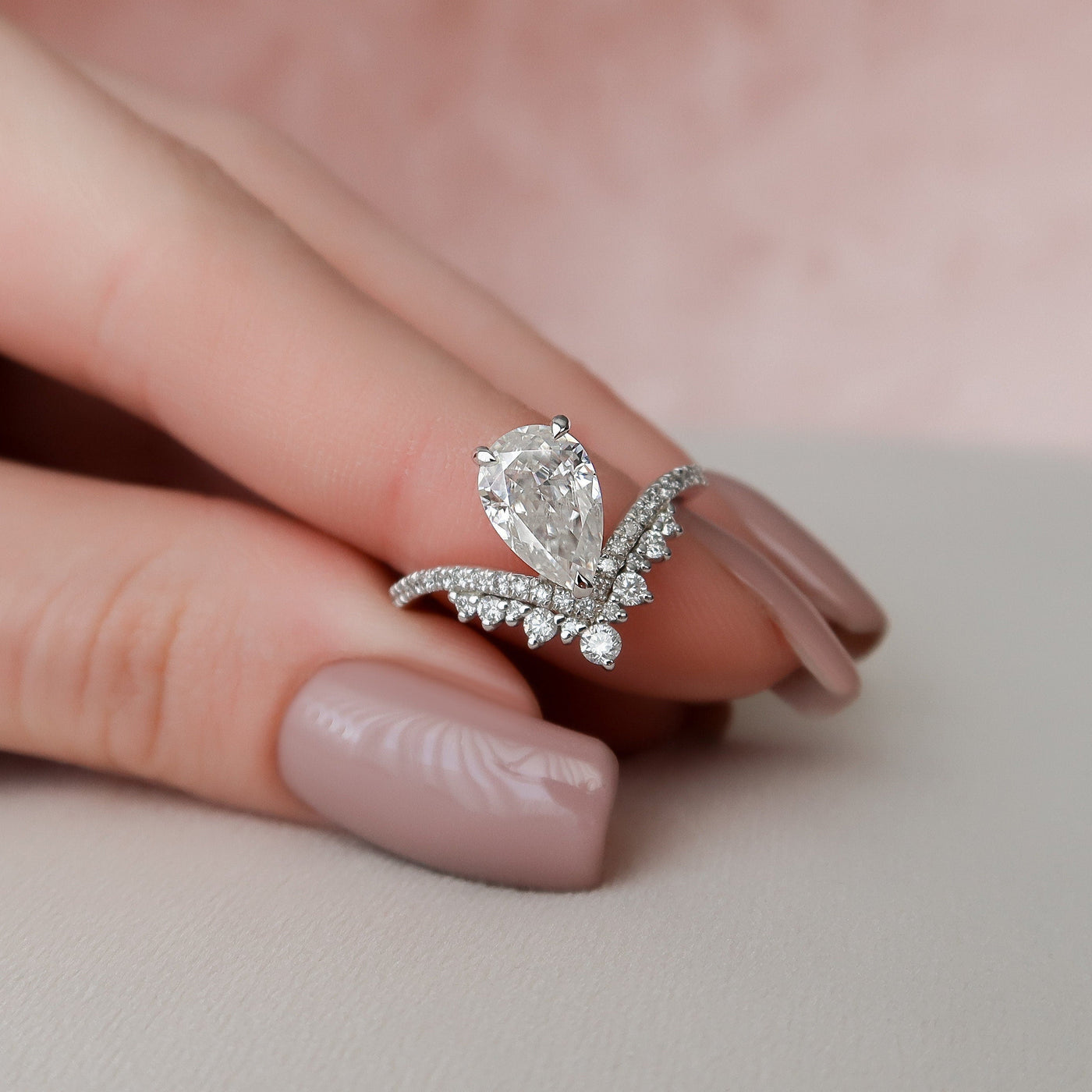 1.5 CT Pear Shaped Moissanite Chevron Engagement Ring