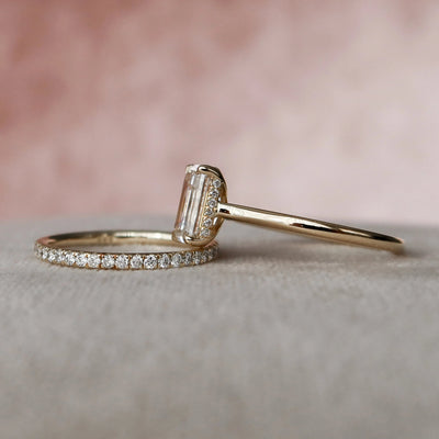 2.0CT Emerald Cut Moissanite Diamond Halo Bridal Engagement Ring Set