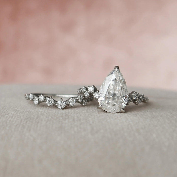 2.0CT Pear Cut Moissanite Halo Eternity Bridal Engagement Ring Set