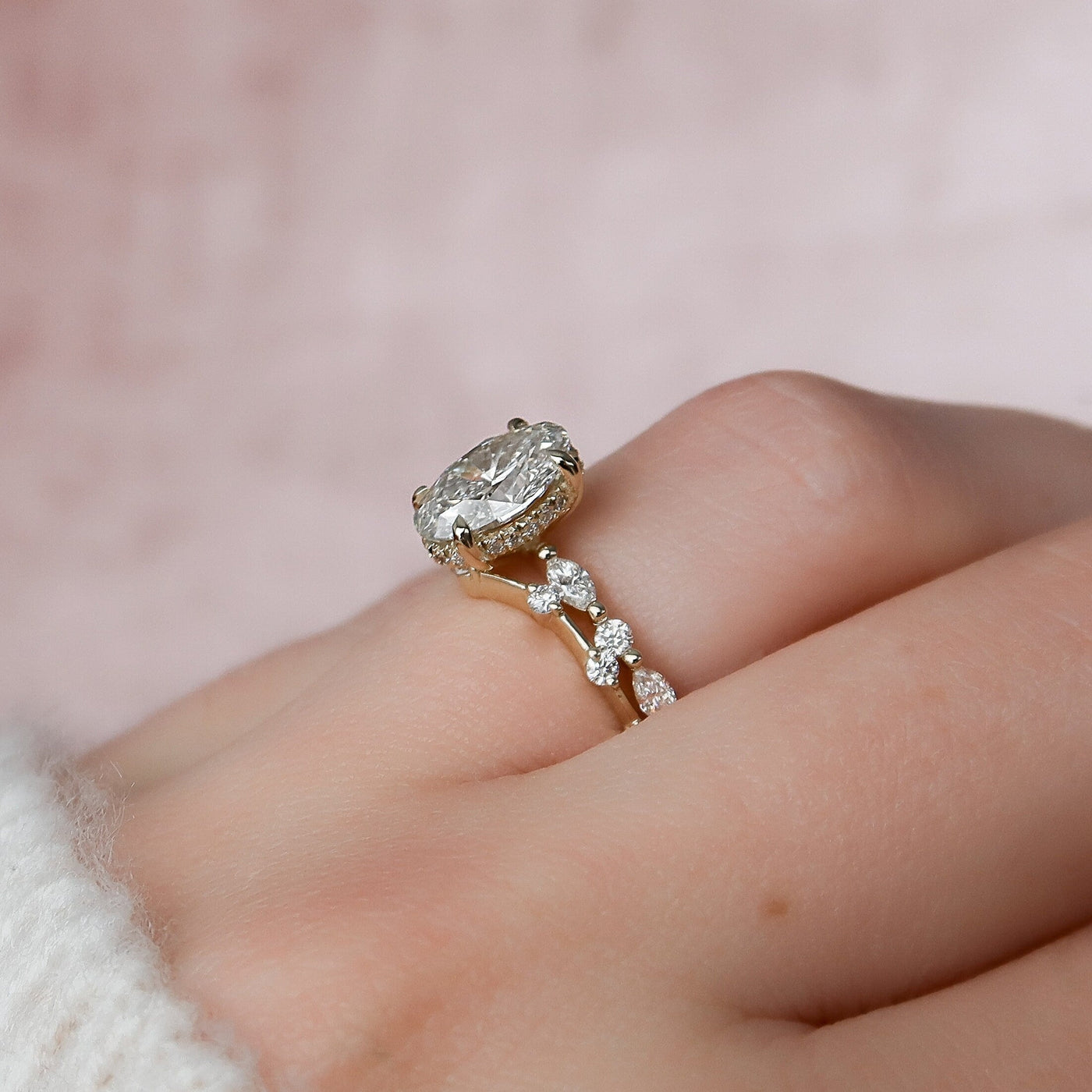 2.0CT Oval Cut Moissanite Hidden Halo Eternity Bridal Engagement Ring Set