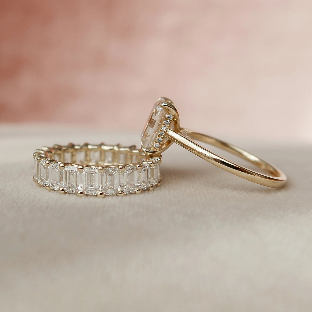 2.0CT Emerald Cut Moissanite Solitaire Hidden Halo Bridal Engagement Ring Set