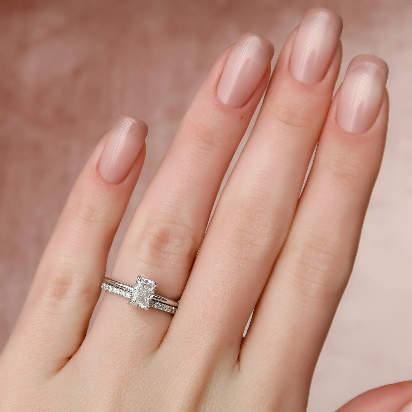 1.0CT Radiant Cut Moissanite Hidden Halo Bridal Engagement Ring Set