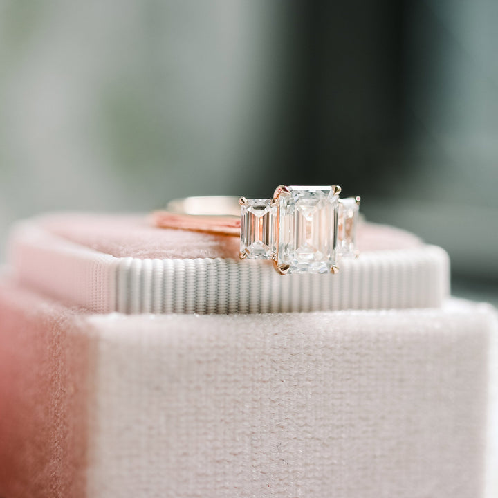 3.0CT Emerald Cut Moissanite Three Stone Diamond Engagement Ring