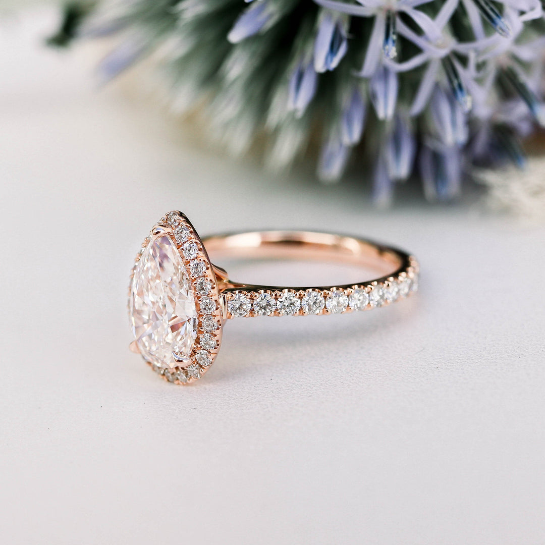 2.0CT Pear Cut Moissanite Halo Pave Diamond Engagement Ring