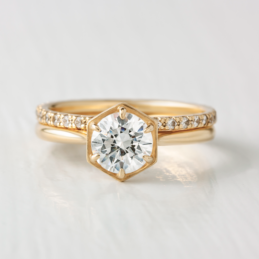 1.0CT Round Cut Hexagon Style Moissanite Engagement Ring