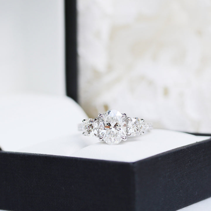 2.0CT Oval Cut Moissanite Three Stone Pave Engagement Ring