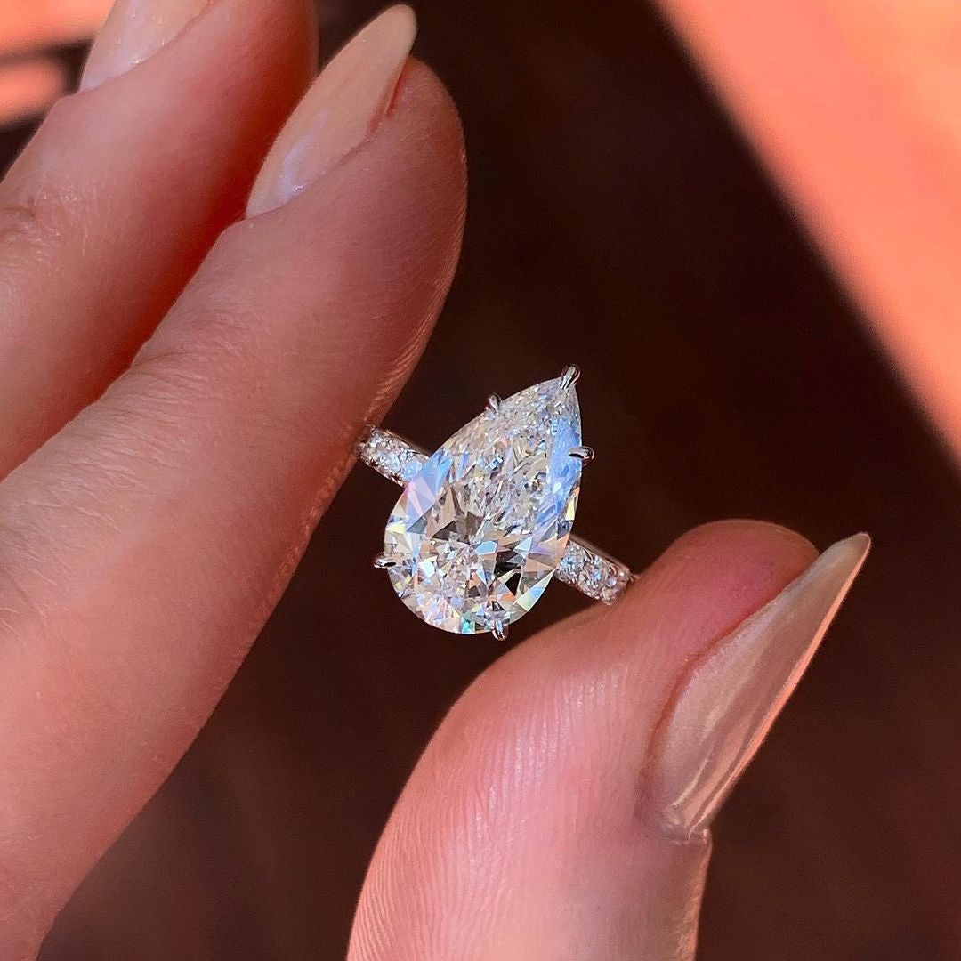 0.94CT Pear Cut Five Prongs Moissanite Pave Diamond Engagement Ring