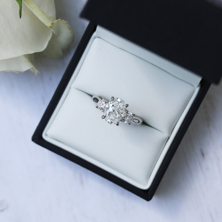 1.50CT Oval Cut Moissanite Three Stone Round Diamond Engagement Ring