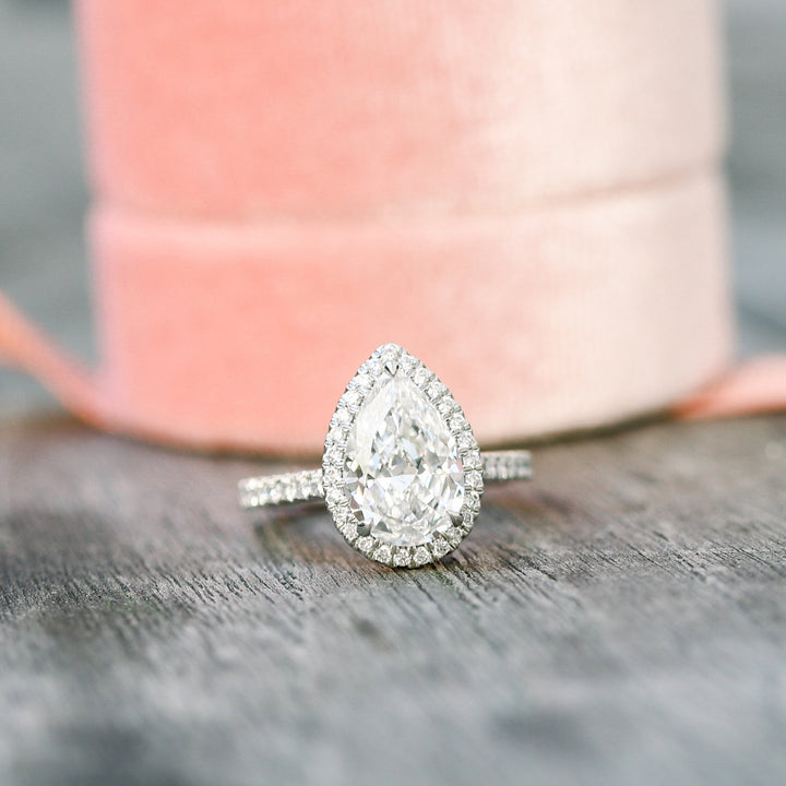 2.0CT Pear Cut Moissanite Halo Pave Diamond Engagement Ring
