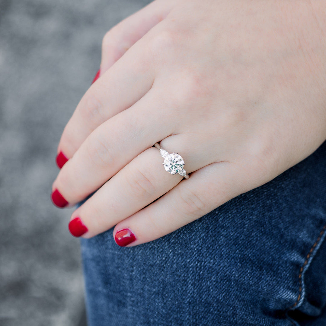 2.0CT Round & Pear Cut Moissanite 3 Stone Engagement Ring